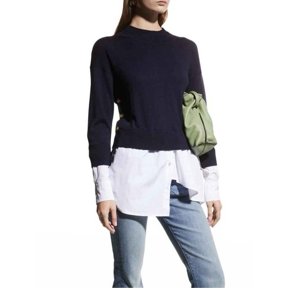 Veronica Beard Beri Mixed Media Sweater Pullover Merino Wool Layered Navy XS